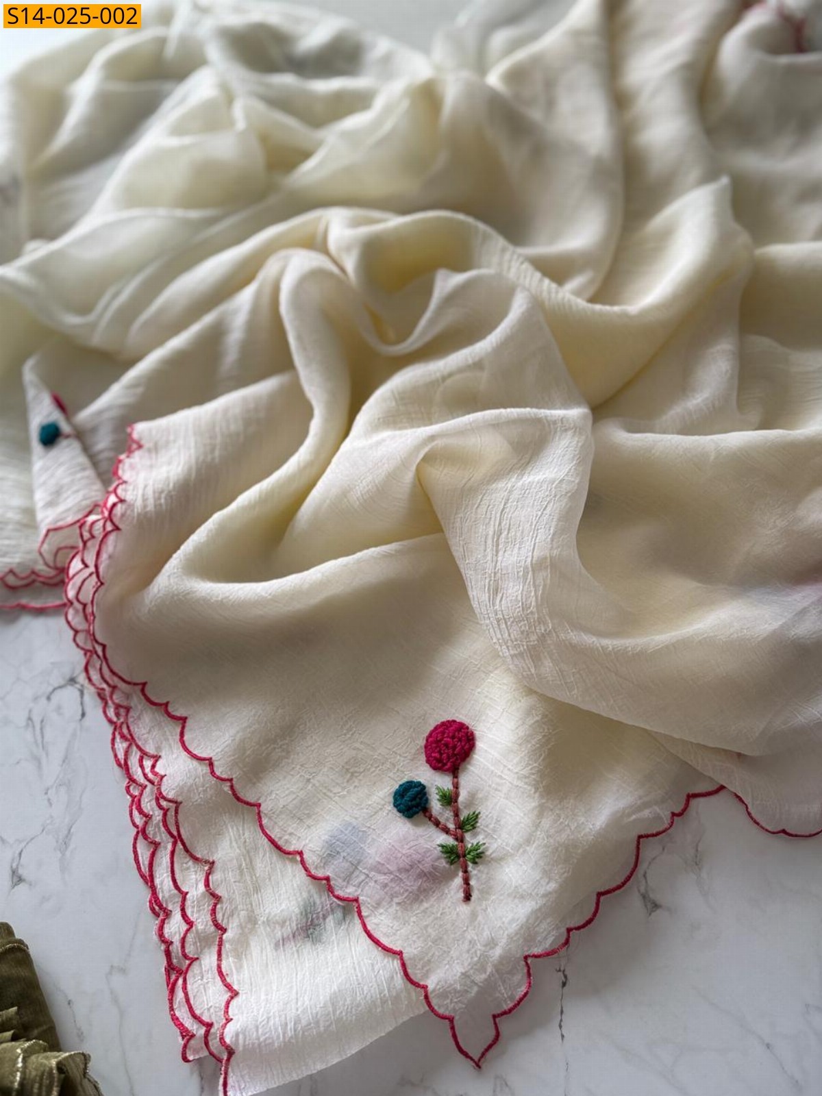 Half white Crunchy Silk Threadwork sarees