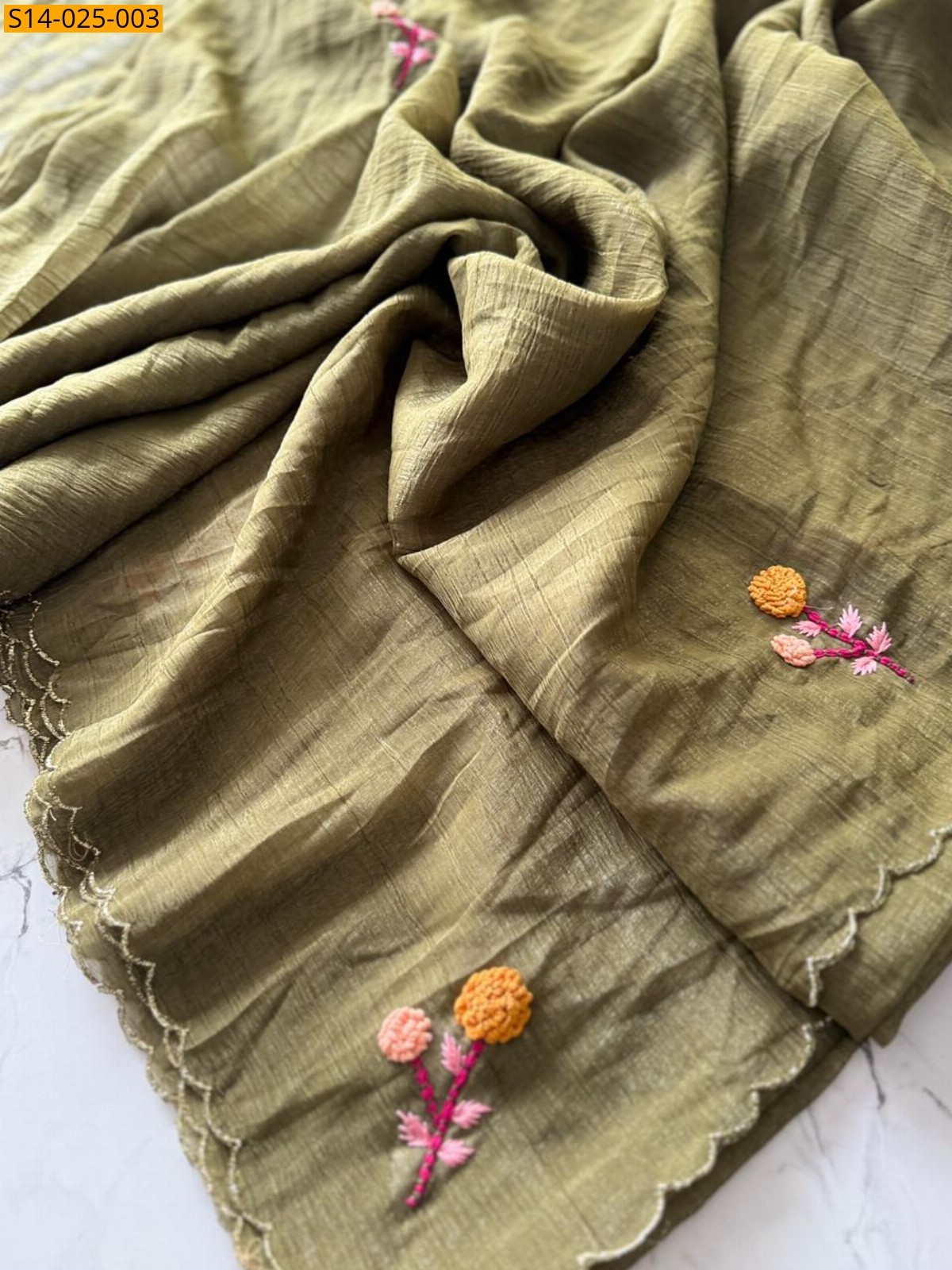 Mehandi green Crunchy Silk Threadwork sarees