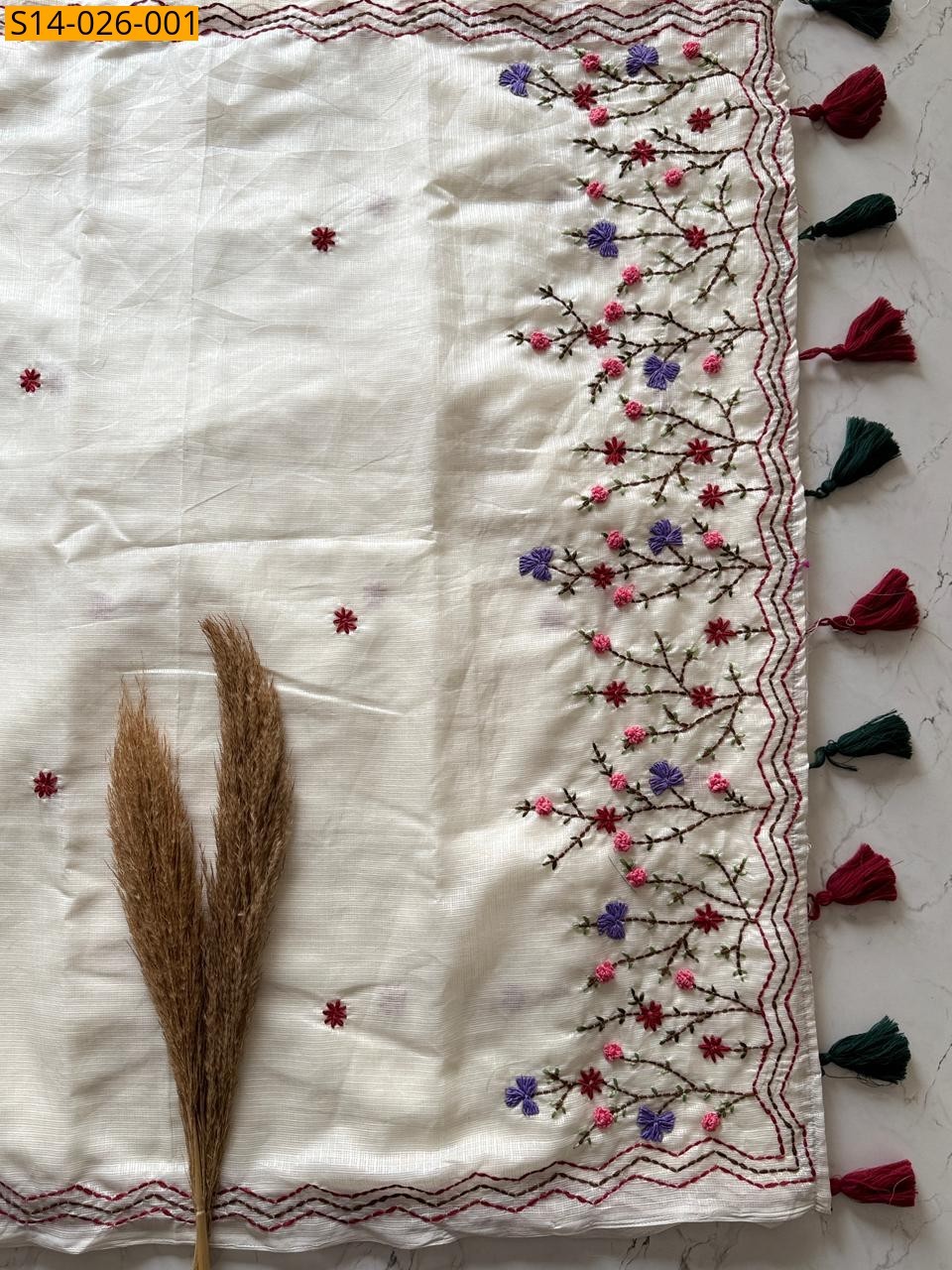 Half white Kota doriya Silk Threadwork sarees