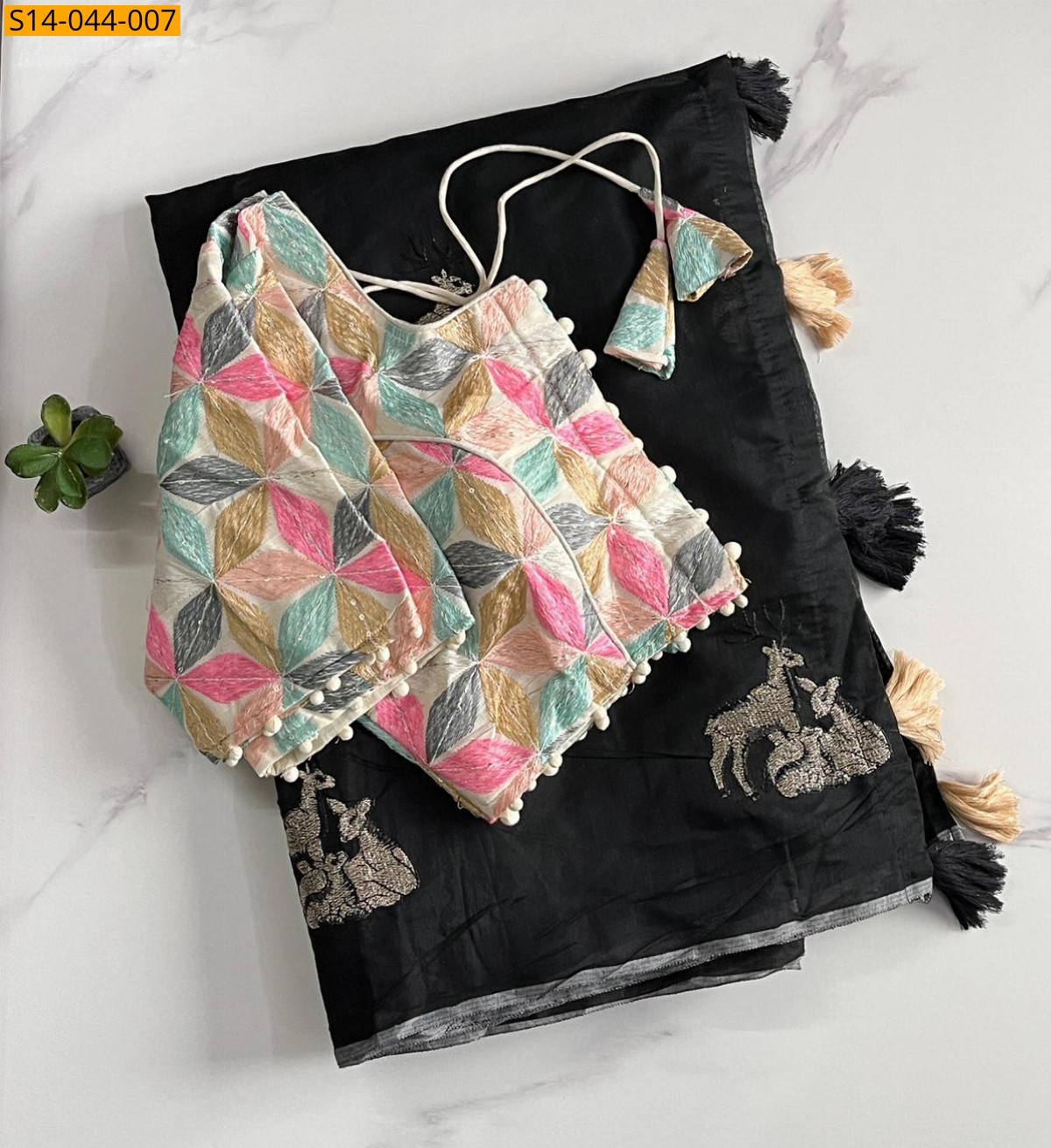 Black Premium chanderi deer saree