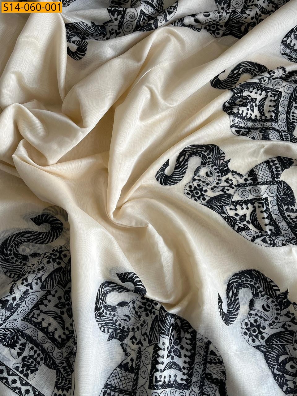 White Chanderi cotton elephant border sarees