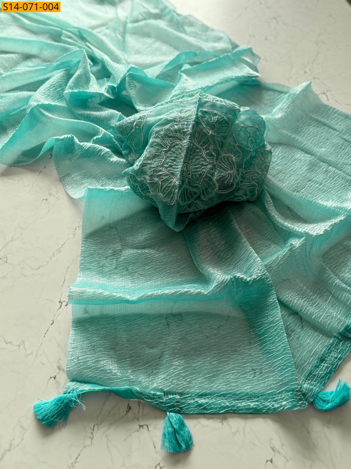 Sea Blue Premium burrbury Shine Tissue Sarees