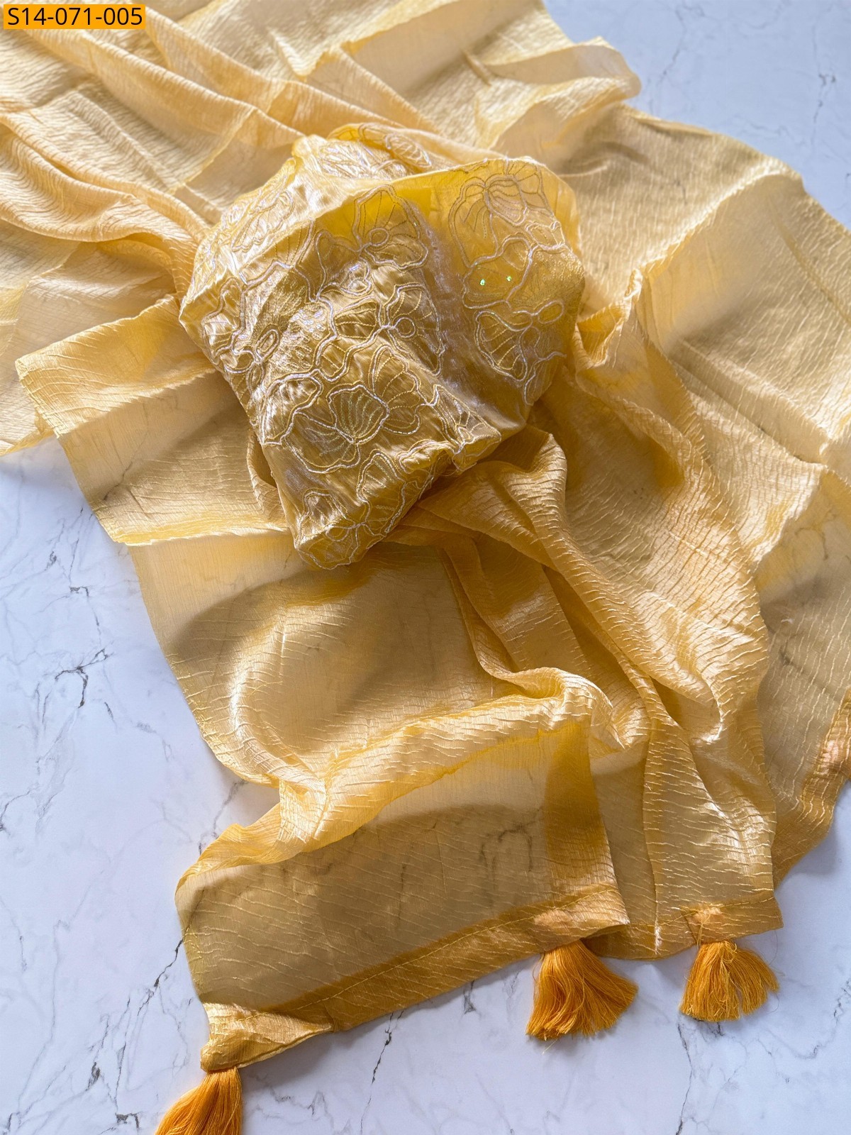 Yellow Premium burrbury Shine Tissue Sarees