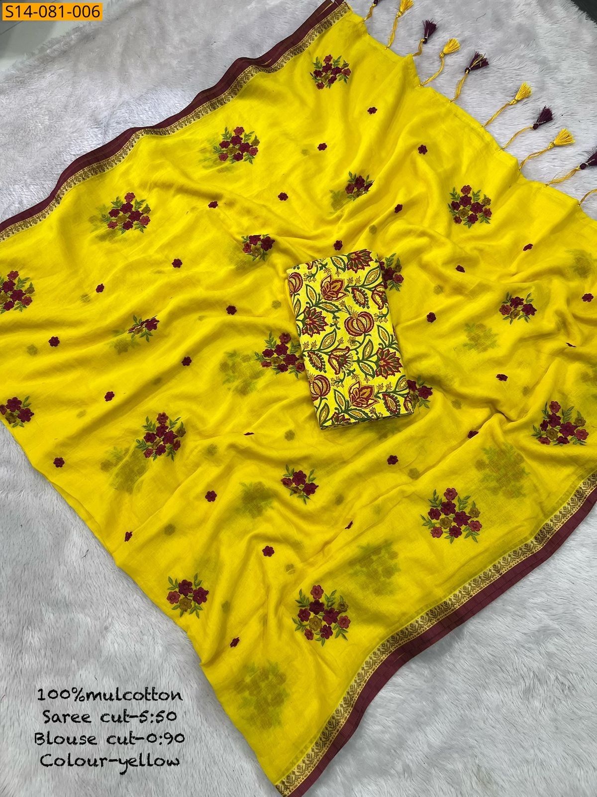 Yellow Mul Cotton Saree