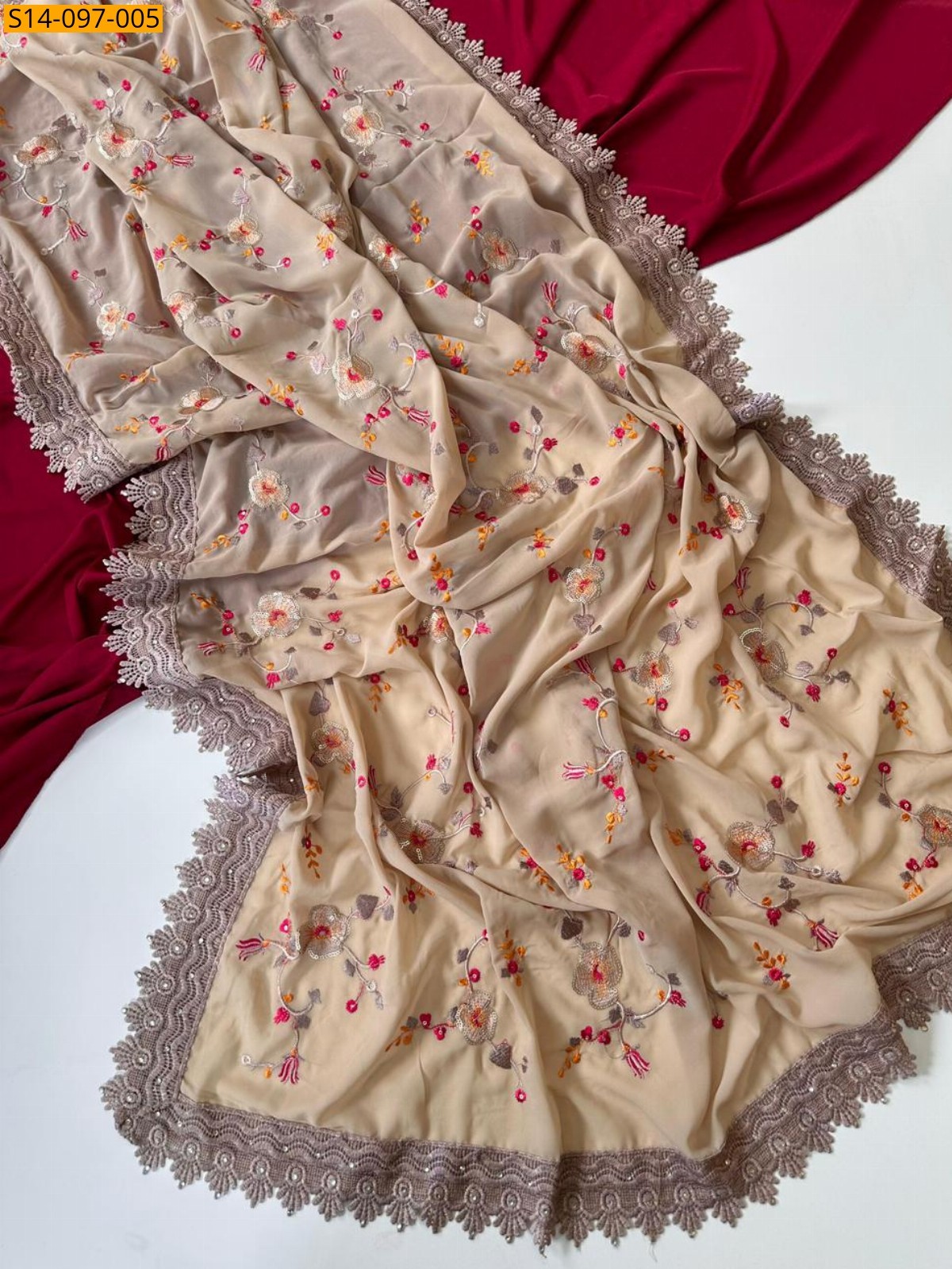 Sandal Fancy Georgette Embroidery Saree
