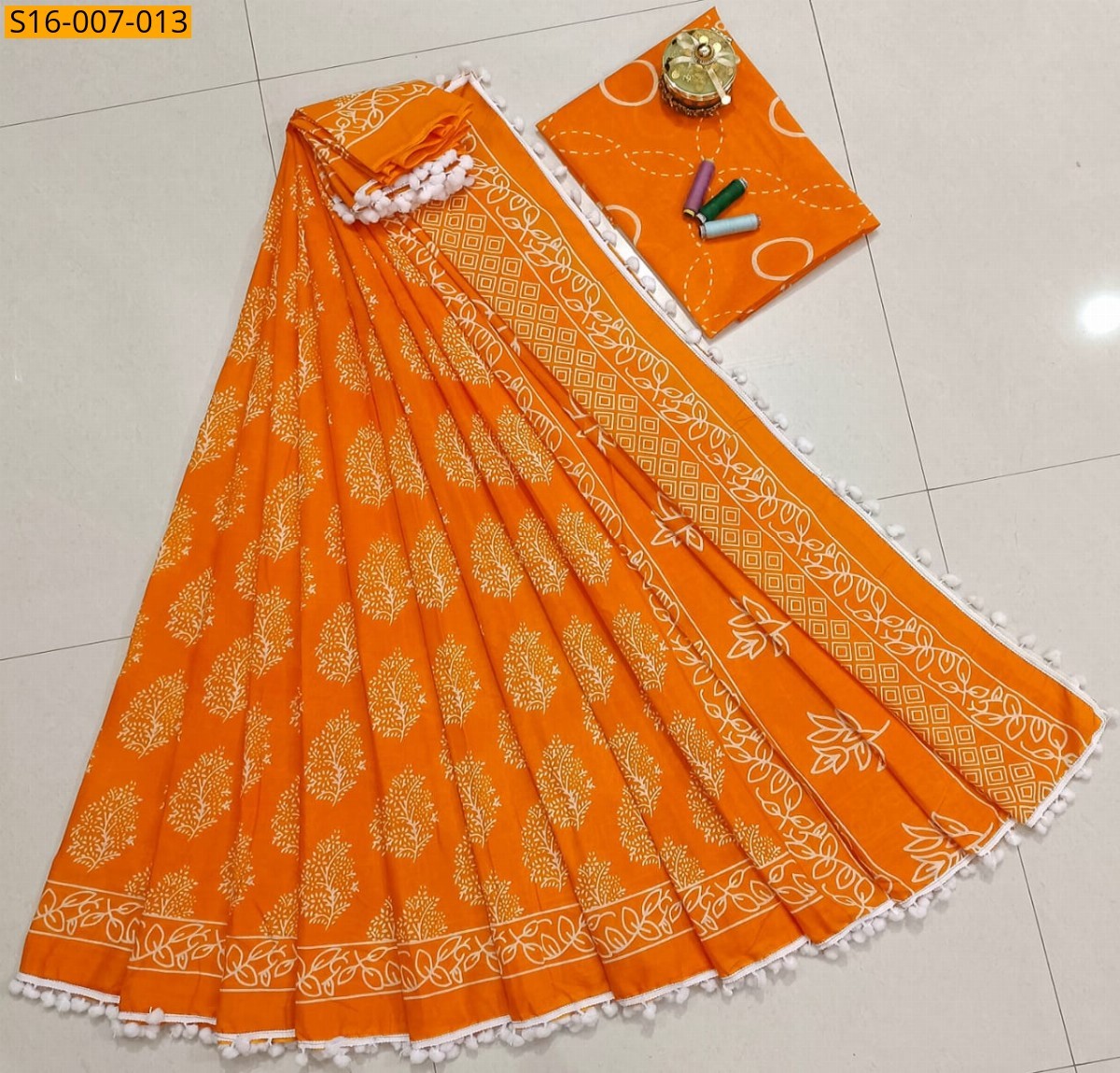 Orange Mulmul Cotton Sarees