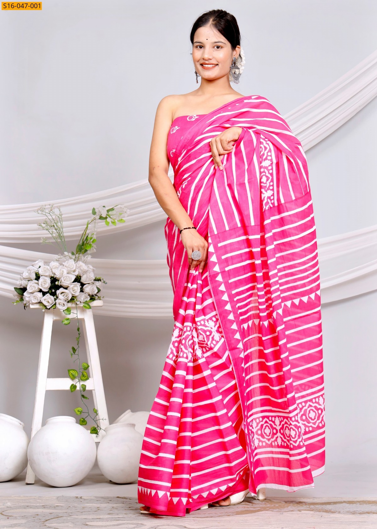 Pink Mulmul cotton block printed sarees