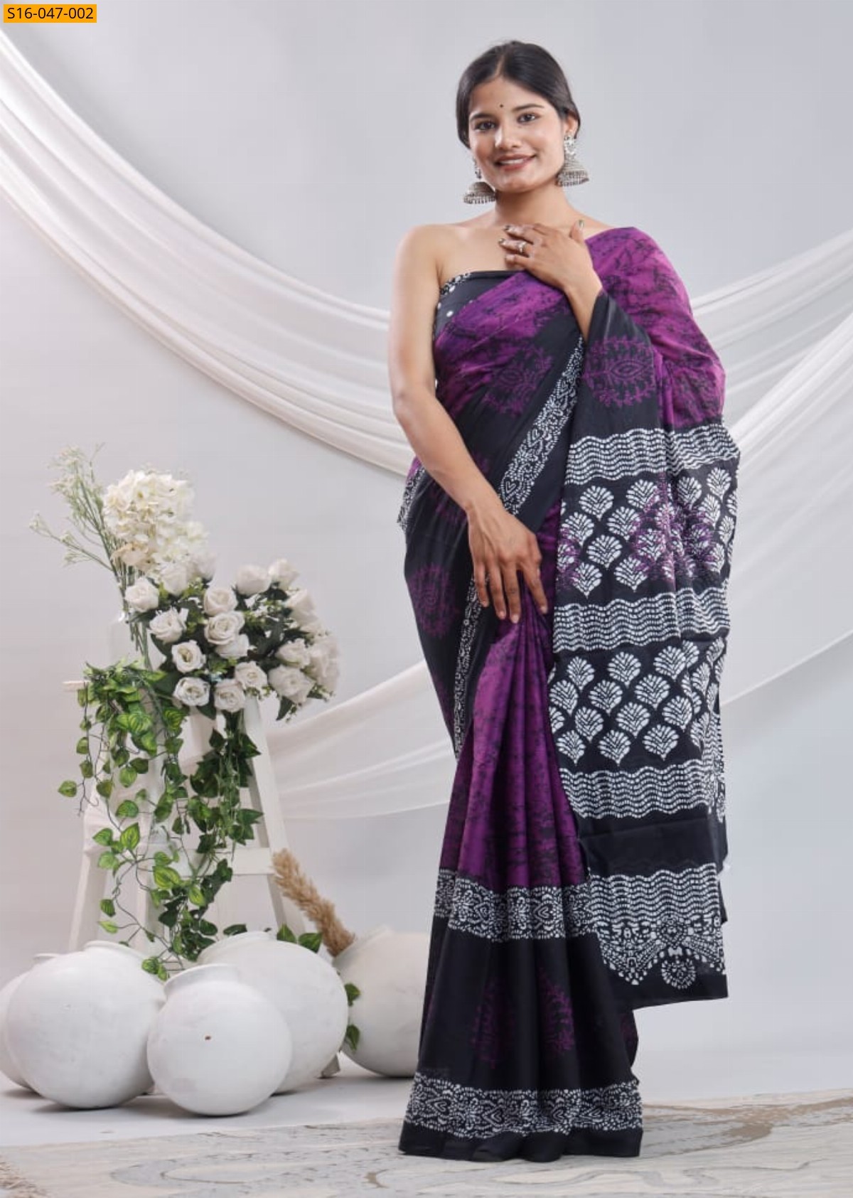 Magenta Black Mulmul cotton block printed sarees