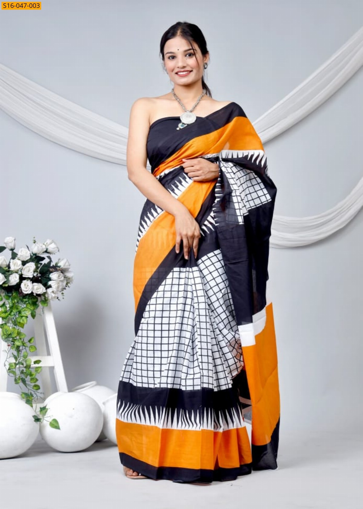 White Mulmul cotton block printed sarees