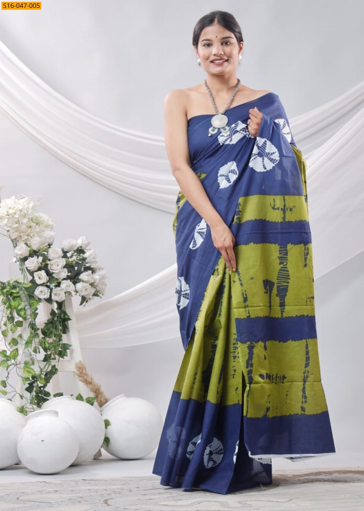 Green Mulmul cotton block printed sarees