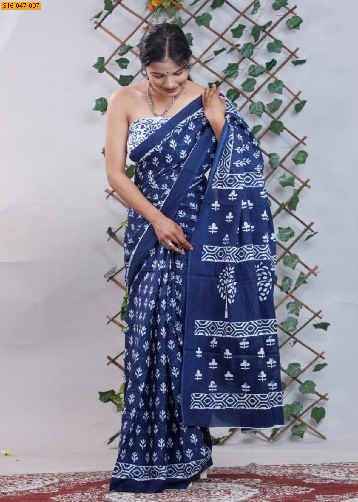 Navy Mulmul cotton block printed sarees