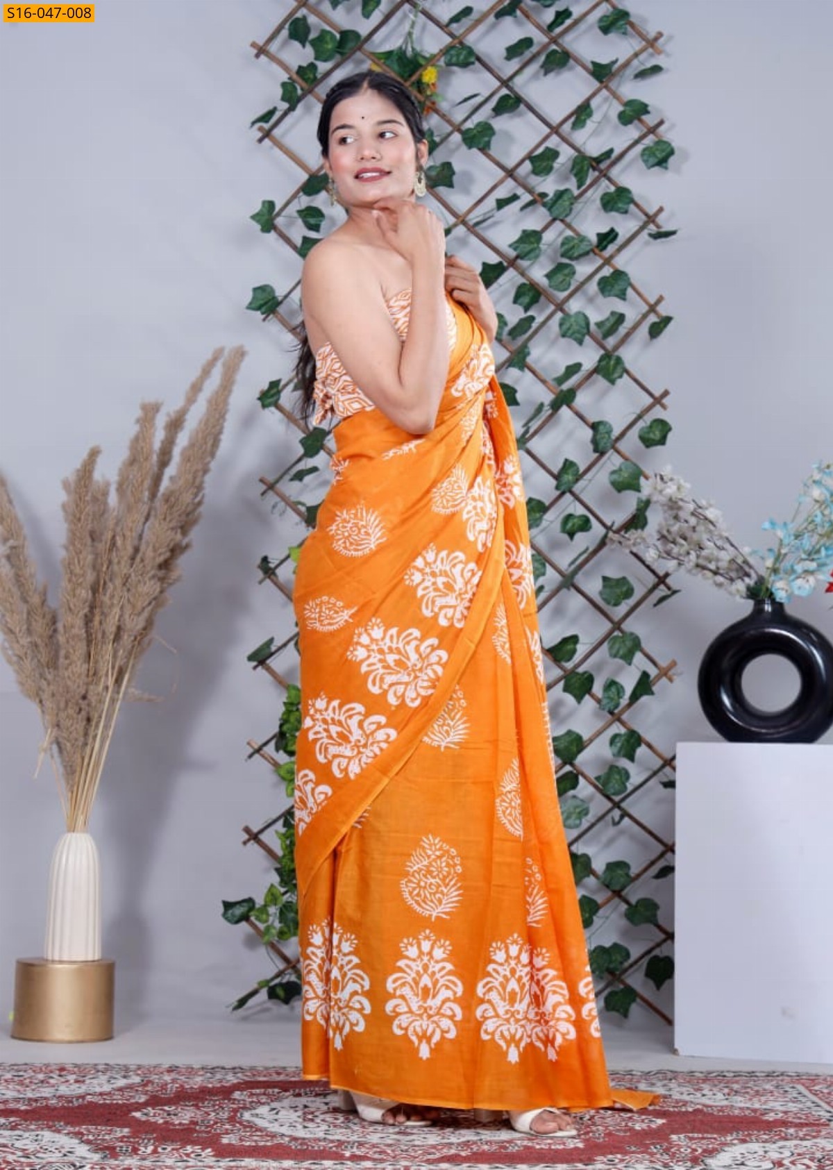 Orange Mulmul cotton block printed sarees