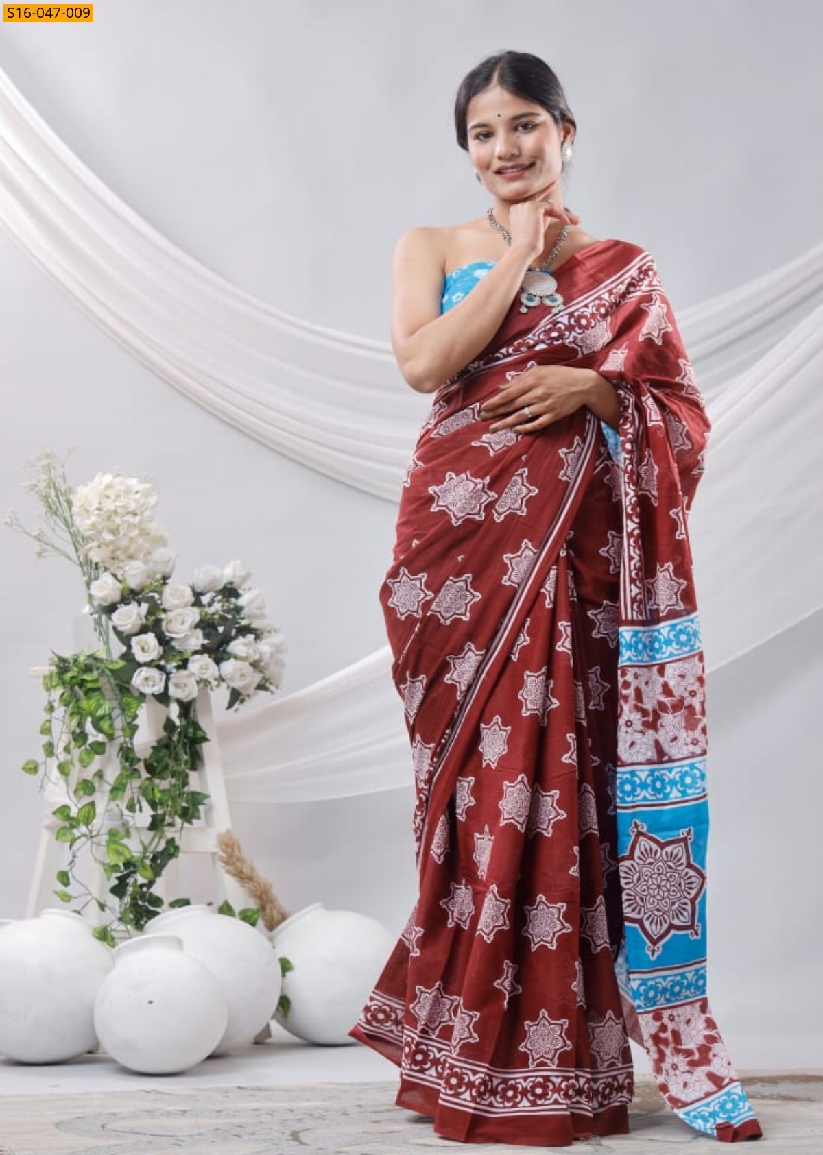 Brown Mulmul cotton block printed sarees
