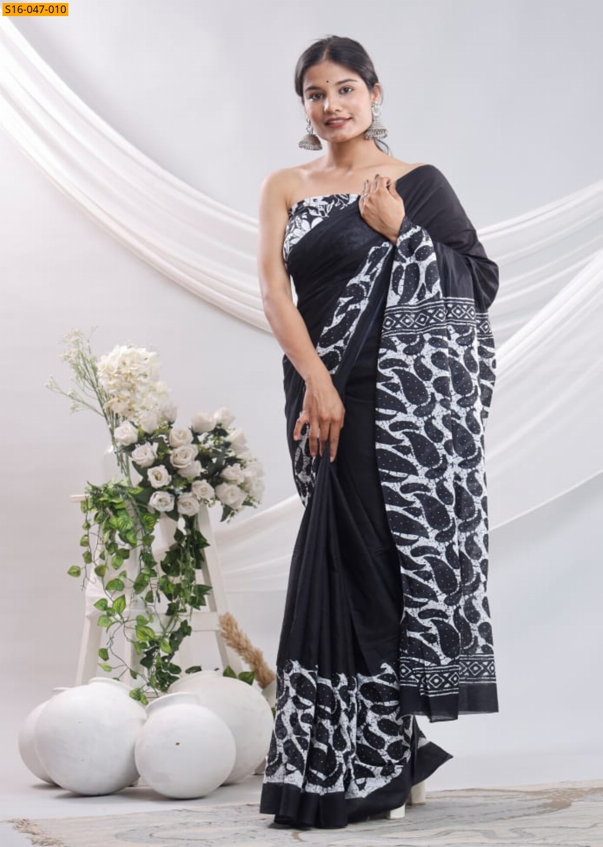 Black Mulmul cotton block printed sarees
