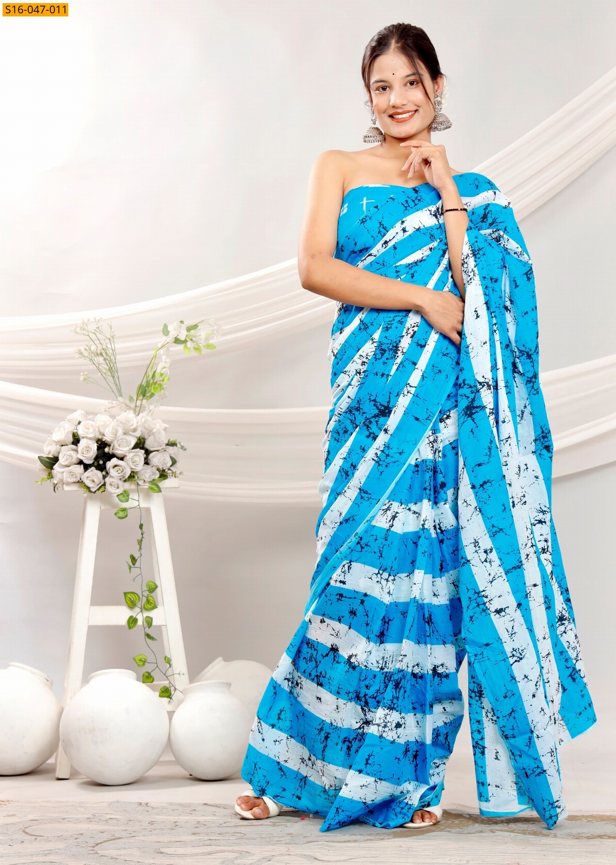 Sky Blue Mulmul cotton block printed sarees
