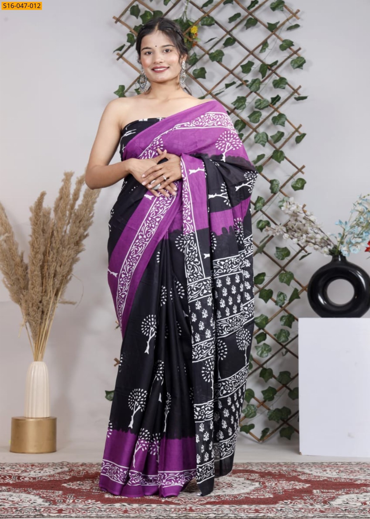 Black Mulmul cotton block printed sarees