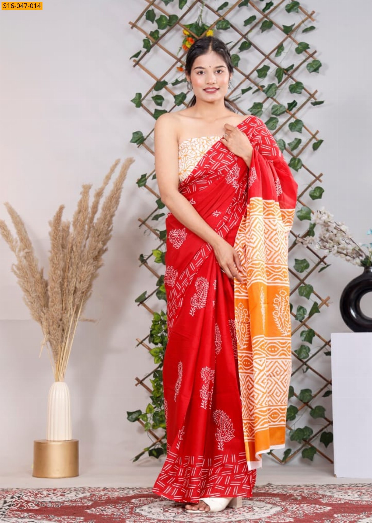 Red Mulmul cotton block printed sarees