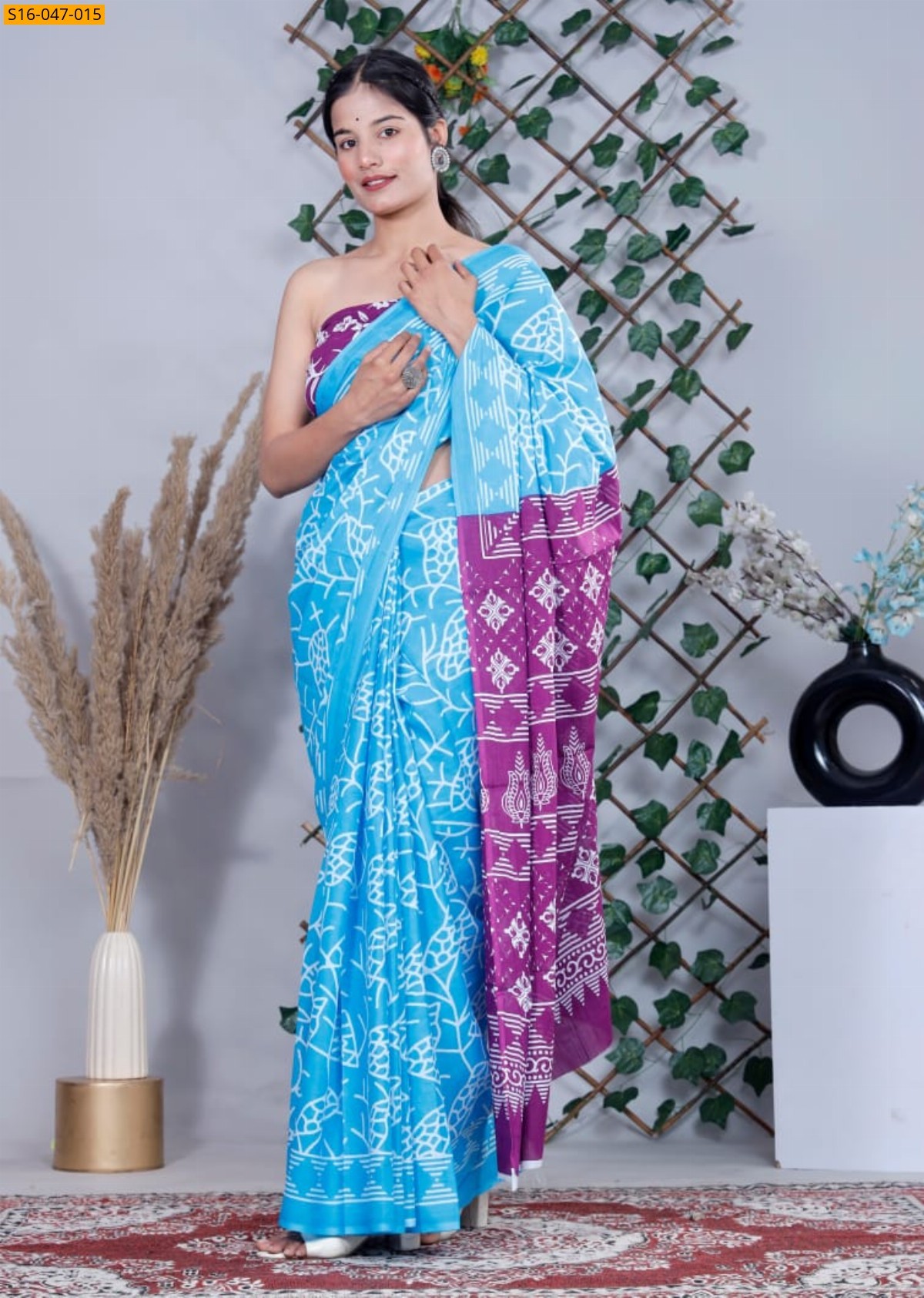 Sky Blue Mulmul cotton block printed sarees