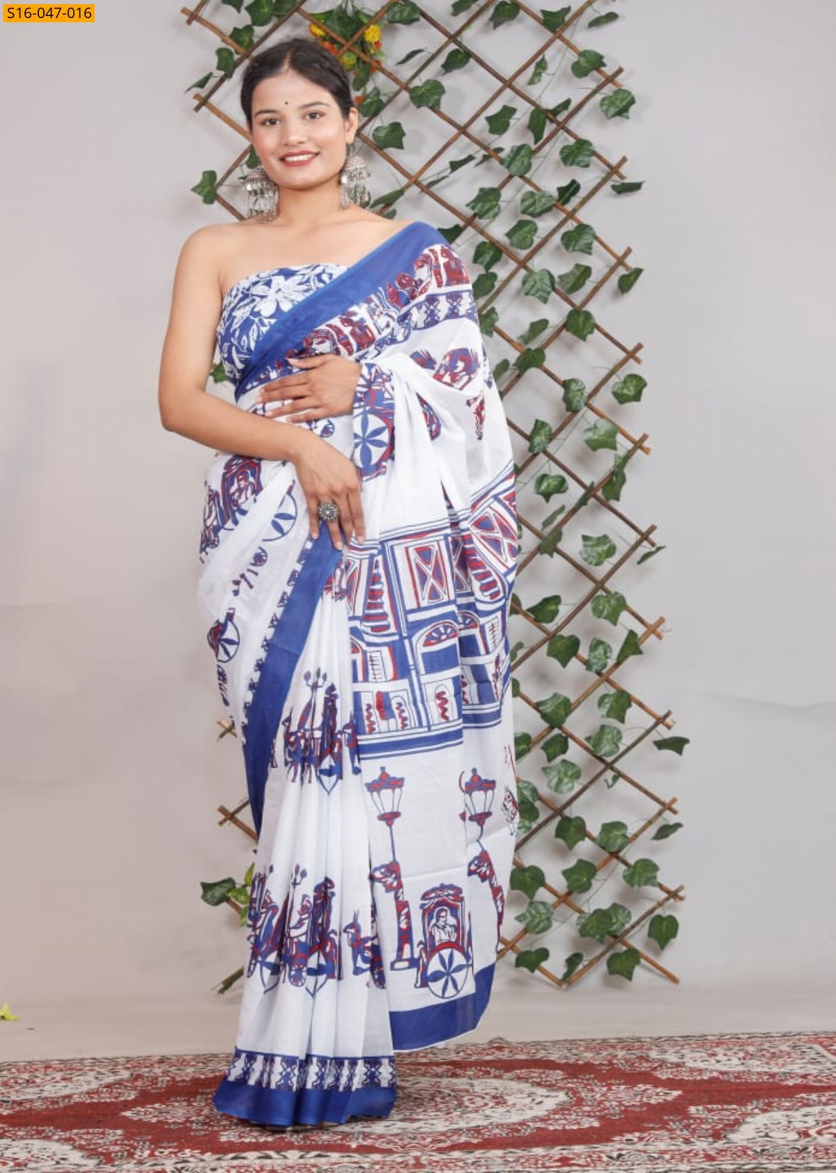 White Mulmul cotton block printed sarees