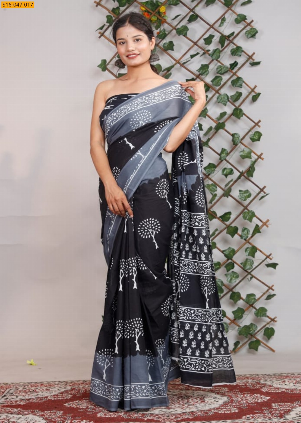 Black Mulmul cotton block printed sarees