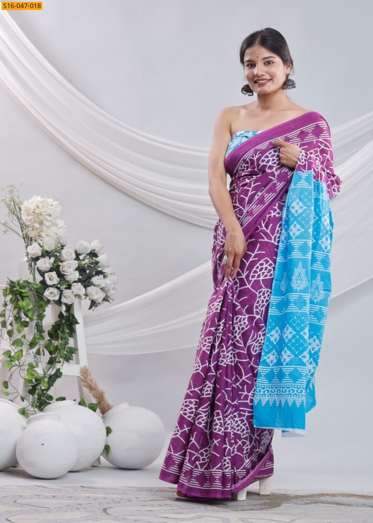 Magenta Mulmul cotton block printed sarees