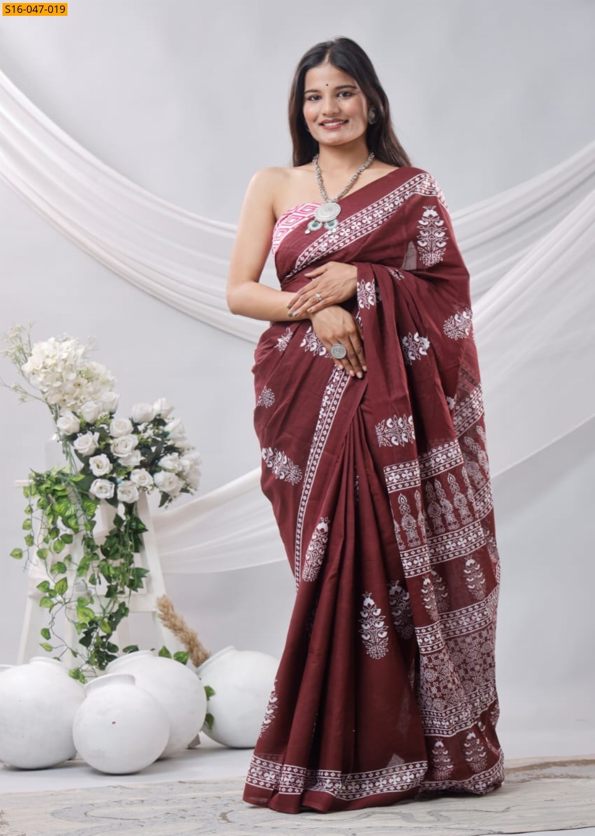 Brown Mulmul cotton block printed sarees