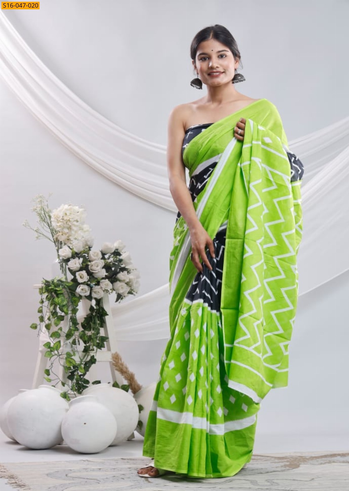 Parrot Green Mulmul cotton block printed sarees