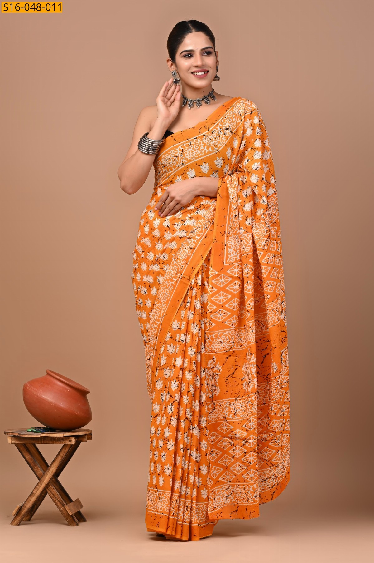 Orange Mulmul Cotton Sarees