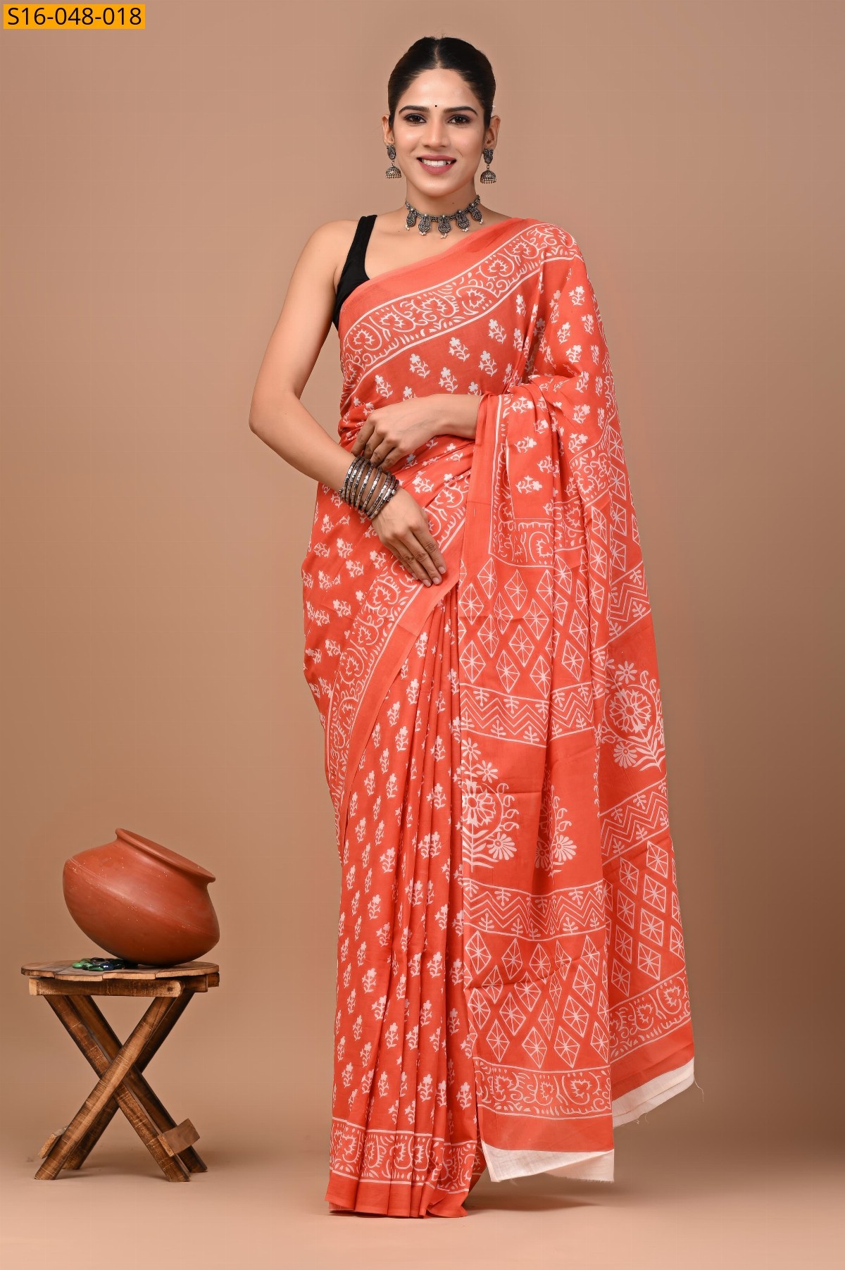 Orange Mulmul Cotton Sarees