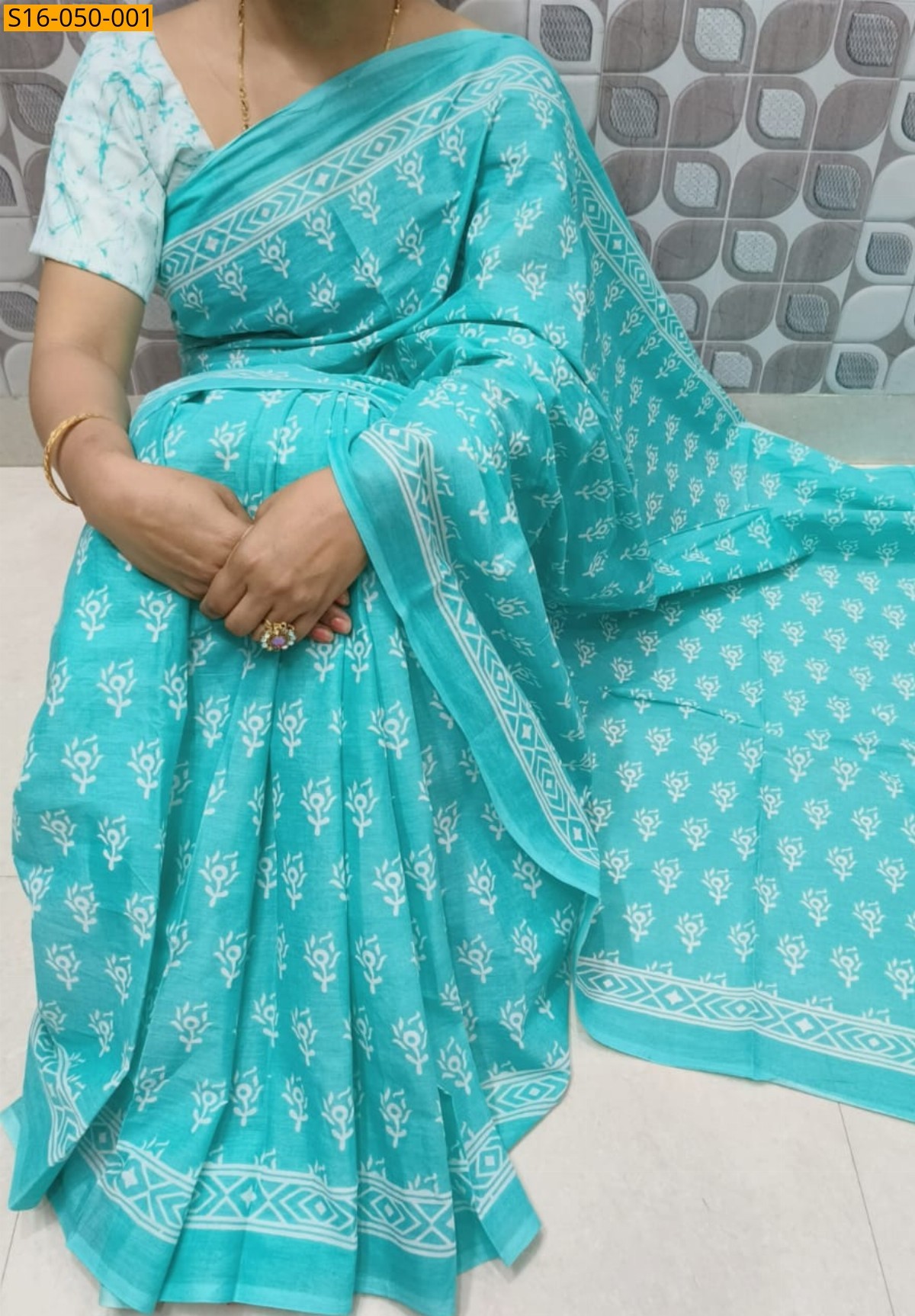 Sky Blue Mulmul cotton printed sarees 
