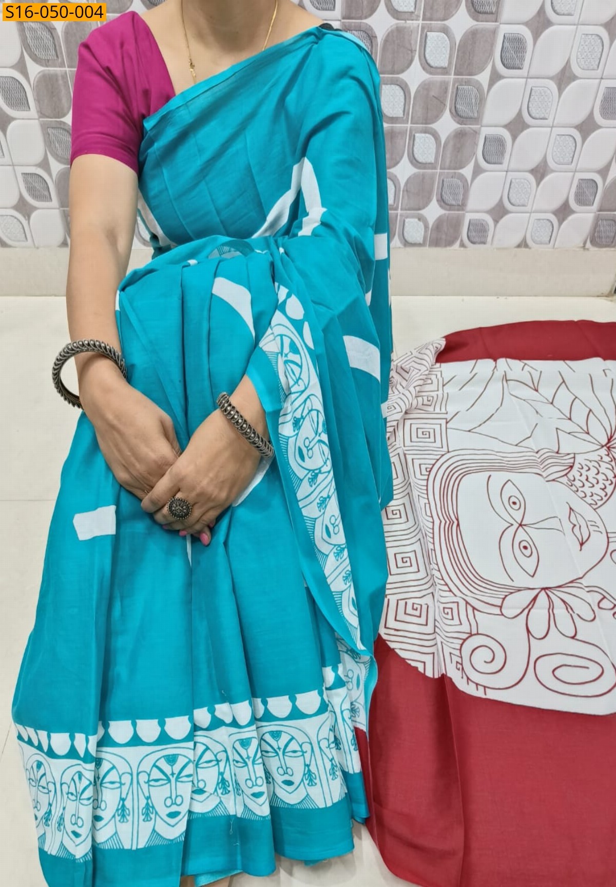 Sky Blue Mulmul cotton printed sarees 