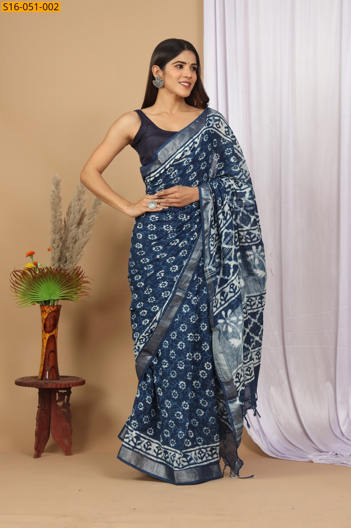 Navy Blue Linen Cotton Sarees