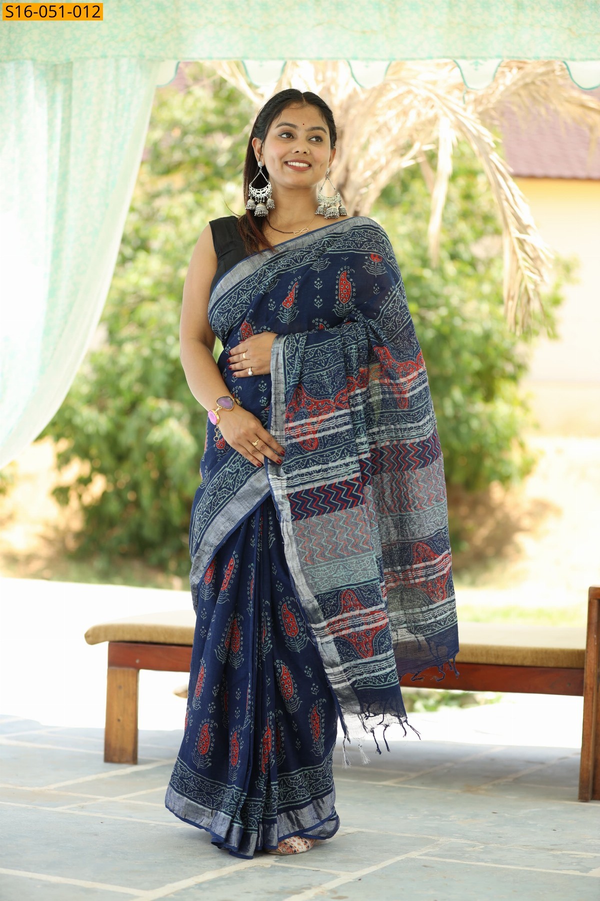Navy Blue Linen Cotton Sarees