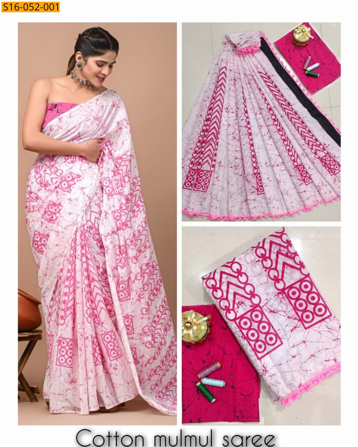 Pink Mulmul cotton printed sarees