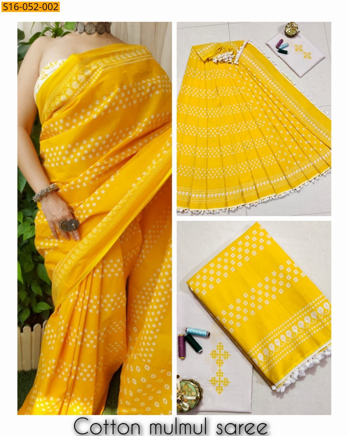 Yellow Mulmul cotton printed sarees