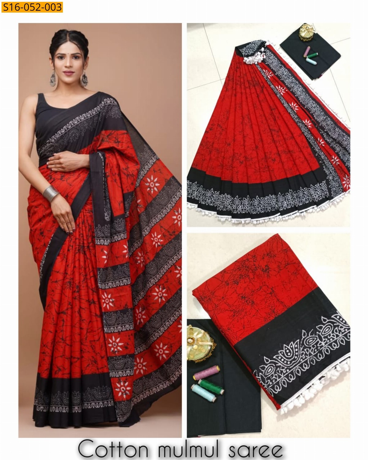 Red Mulmul cotton printed sarees