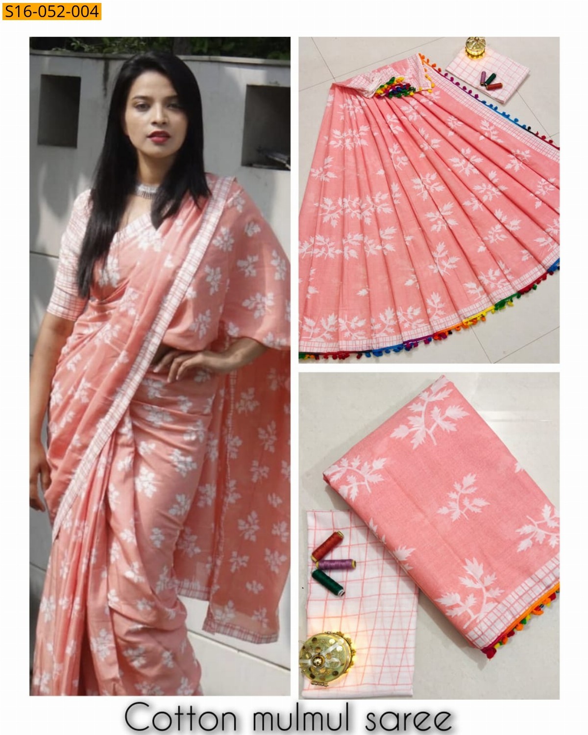 Peach Mulmul cotton printed sarees