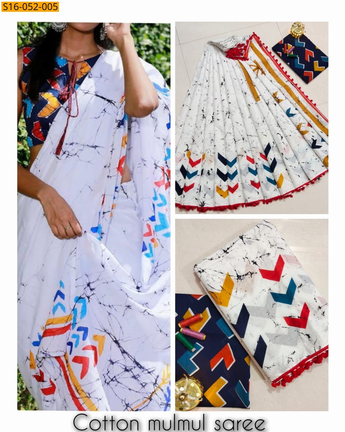 White Mulmul cotton printed sarees