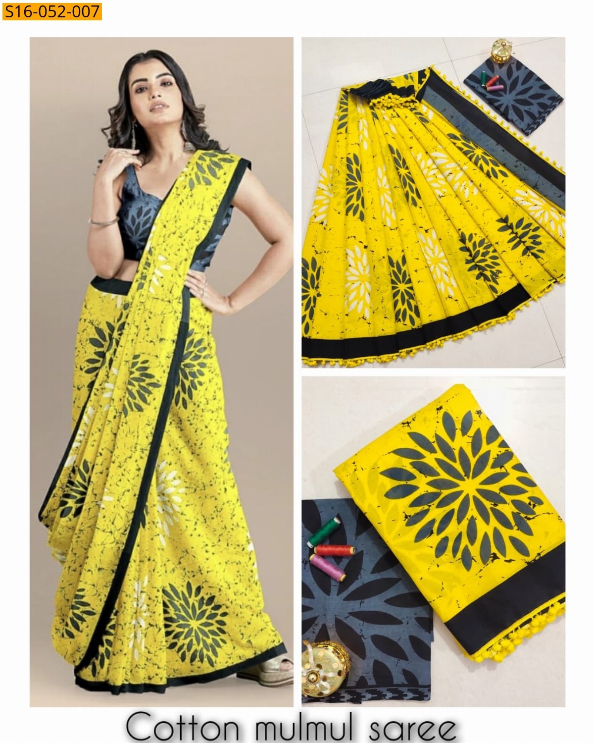 Yellow Mulmul cotton printed sarees