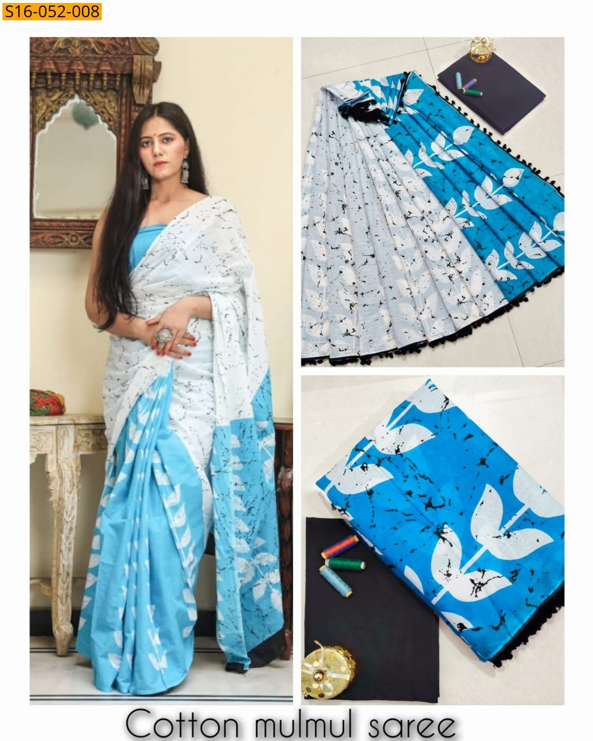 Sky Blue Mulmul cotton printed sarees