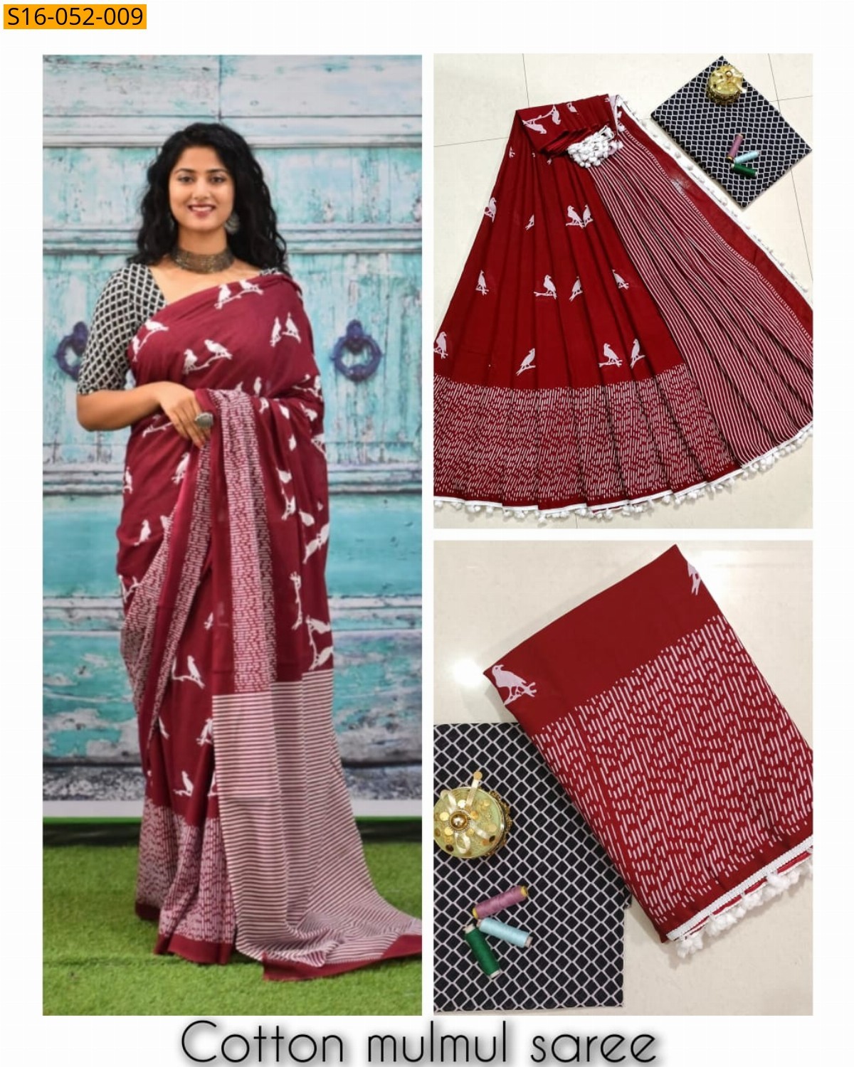 Maroon Mulmul cotton printed sarees