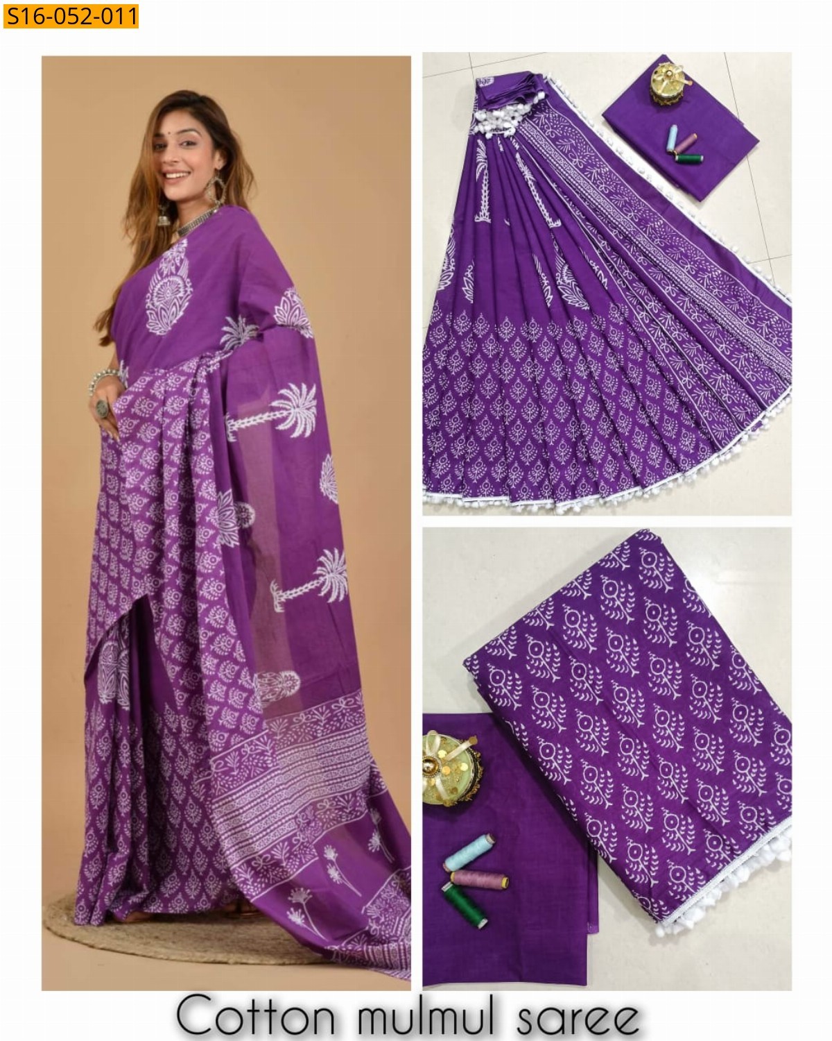 Violet Mulmul cotton printed sarees