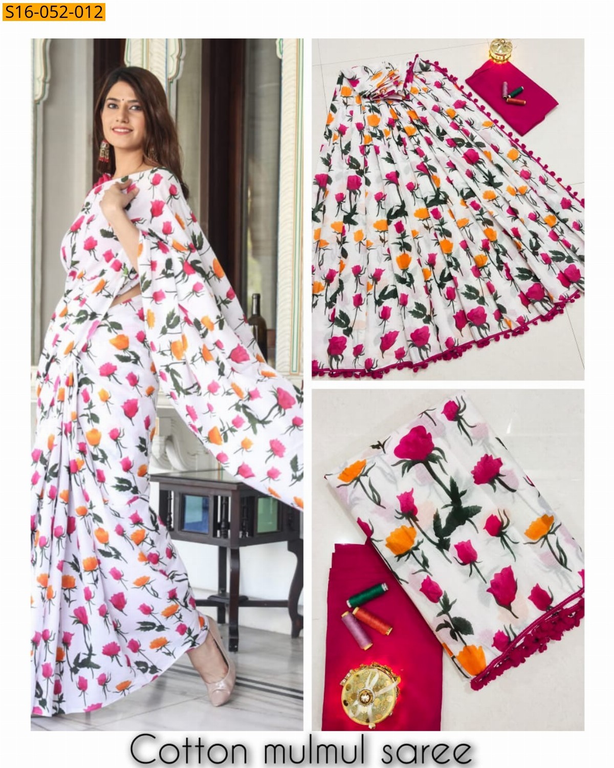 White Mulmul cotton printed sarees
