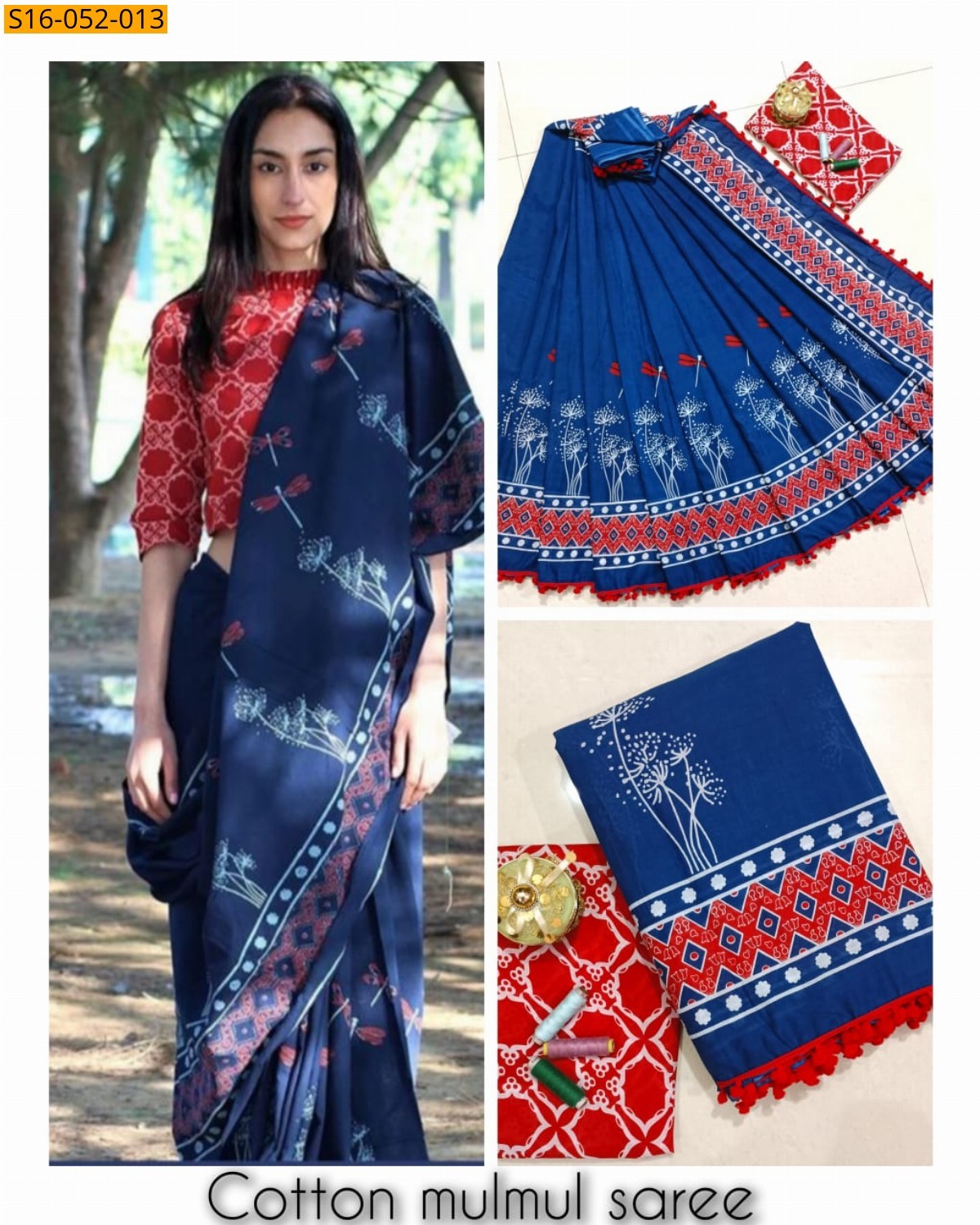 Navy Blue Mulmul cotton printed sarees