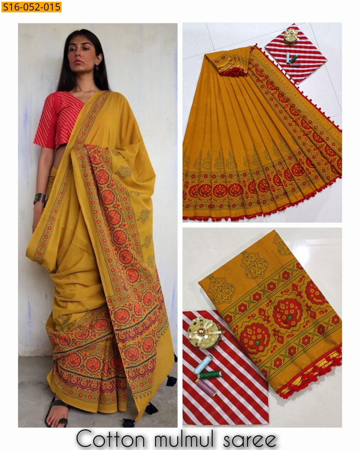 Mustard Mulmul cotton printed sarees