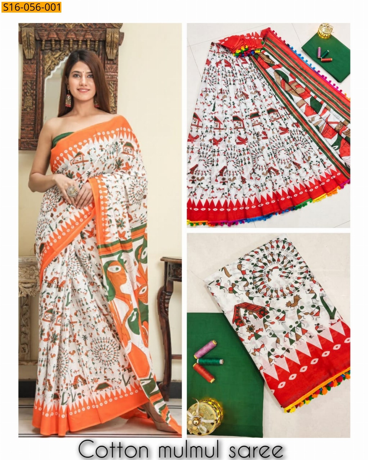 White Mulmul cotton printed sarees