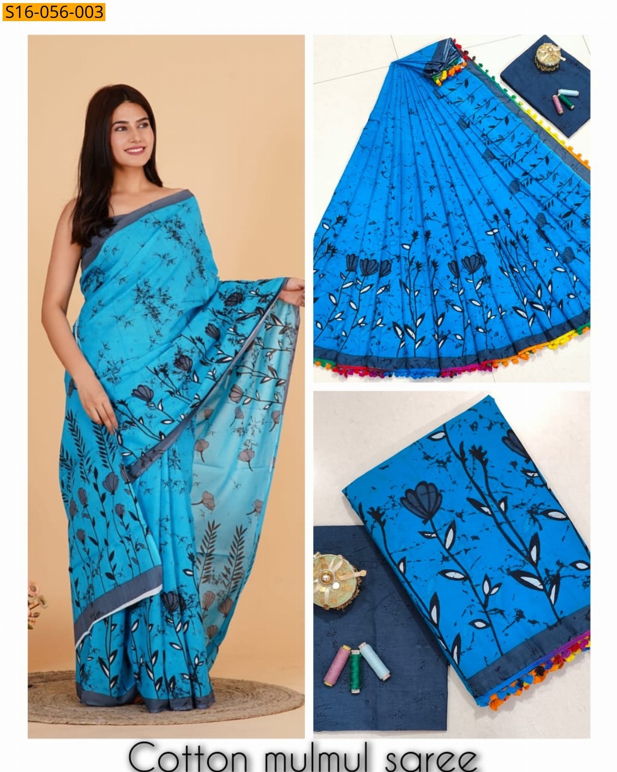 Blue Mulmul cotton printed sarees
