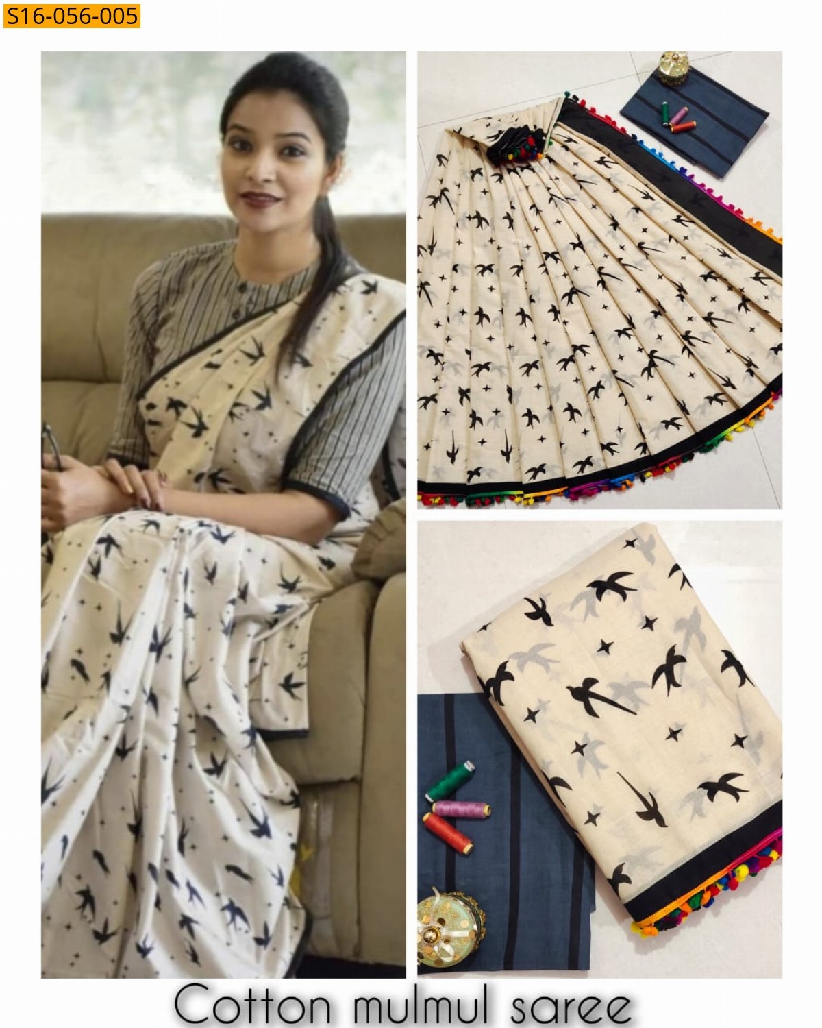 Half white Mulmul cotton printed sarees