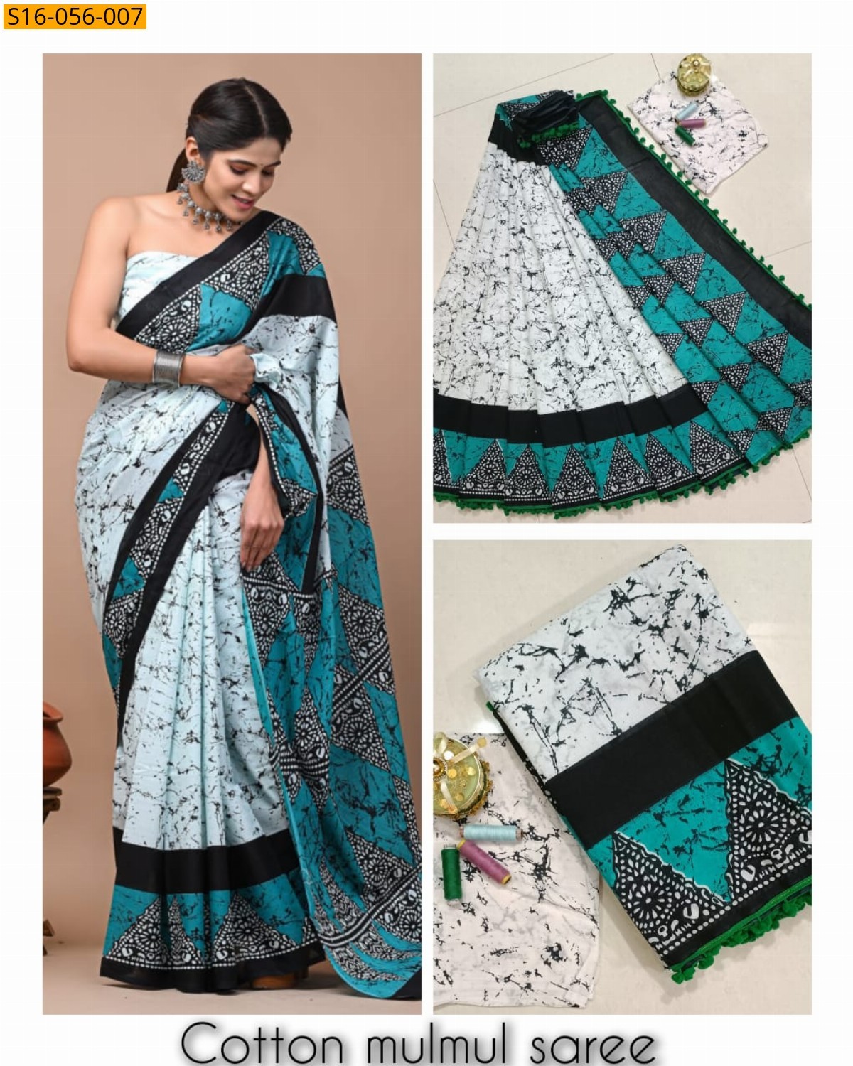 White Mulmul cotton printed sarees