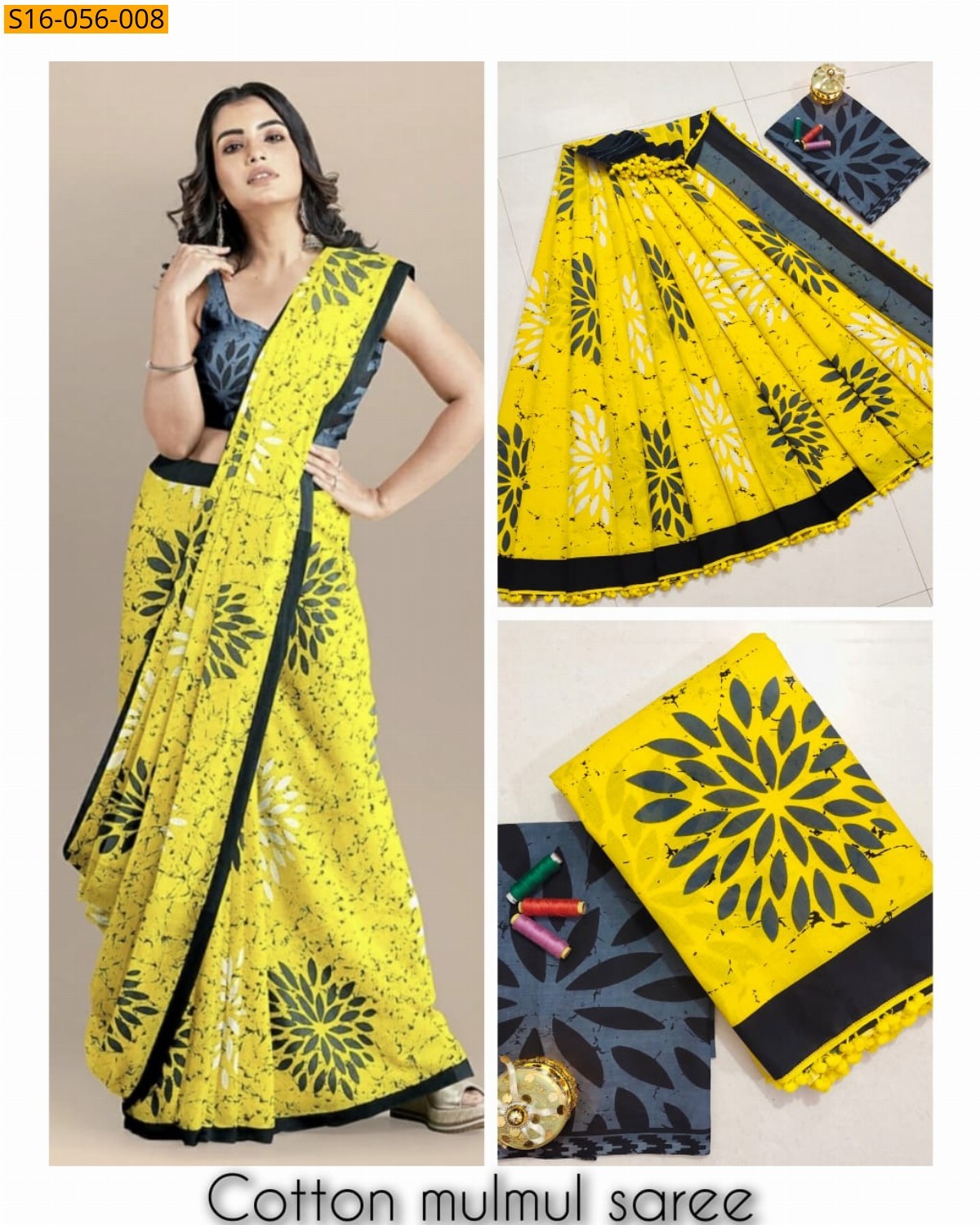 Yellow Mulmul cotton printed sarees